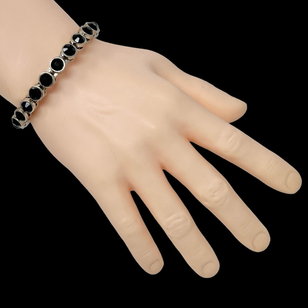 Black Rhinestone Stackable Silver Tone Magnetic Bangle Bracelet - Picture 2 of 3